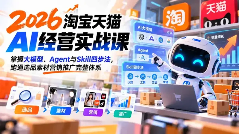 【无水印】2026淘宝天猫AI经营实战课：掌握大模型、Agent与Skill四步法，跑通选品素材营销推广完整体系-大伟资源网