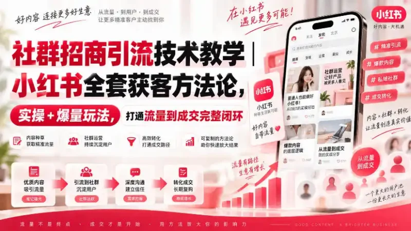 社群招商引流技术教学|小红书全套获客方法论,实操+爆量玩法,打通流量到成交完整闭环-大伟资源网