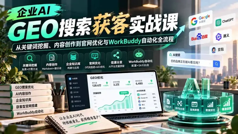企业AI GEO搜索获客实战课：从关键词挖掘、内容创作到官网优化与WorkBuddy自动化全流程-大伟资源网
