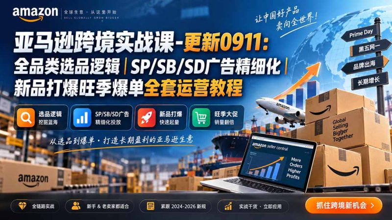 亚马逊跨境实战课-更新0911：全品类选品逻辑｜SP/SB/SD广告精细化｜新品打爆旺季爆单全套运营教程-大伟资源网