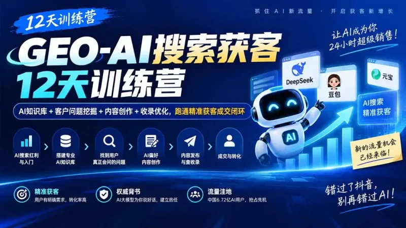 GEO-AI搜索获客12天训练营｜AI知识库+客户问题挖掘+内容创作+收录优化，跑通精准获客成交闭环-大伟资源网