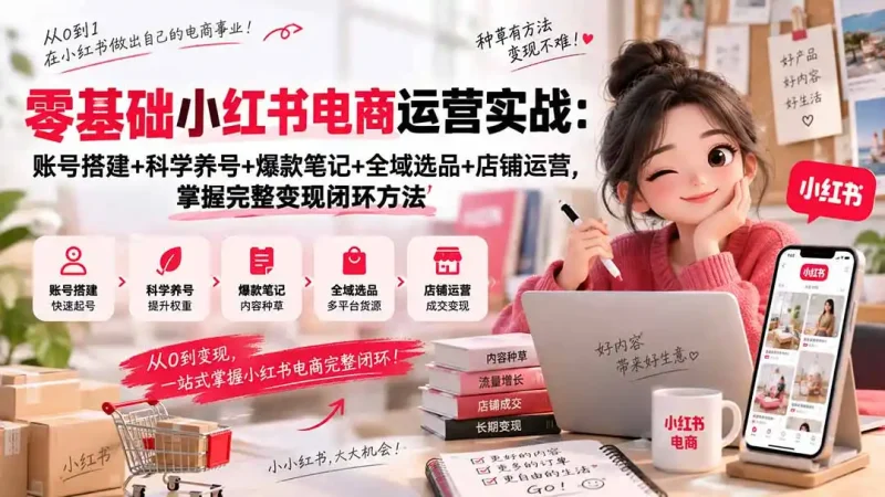 零基础小红书电商运营实战：账号搭建+科学养号+爆款笔记+全域选品+店铺运营，掌握完整变现闭环方法-大伟资源网