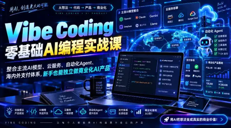 Vibe Coding零基础AI编程实战课-无水印，整合主流AI模型、云服务、自动化Agent、海内外支付体系，新手也能独立做商业化AI产品-大伟资源网