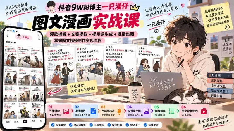 抖音9W粉博主一只漫仔图文漫画课：爆款拆解+文案提取+提示词生成+批量出图，掌握图文视频制作变现流程-大伟资源网
