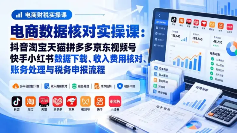 电商数据核账实操课：抖音淘宝天猫拼多多京东视频号快手小红书数据下载、收入费用核对、账务处理与税务申报流程-大伟资源网
