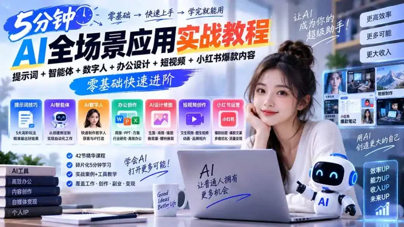 AI全场景应用实战教程｜提示词+智能体+数字人+办公设计+短视频+小红书爆款内容，零基础快速进阶-大伟资源网