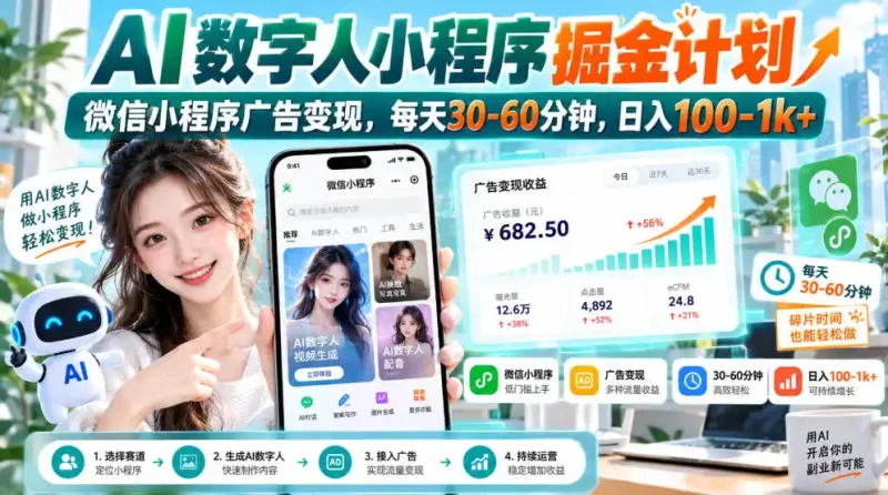 【无水印】AI数字人小程序掘金计划，微信小程序广告变现，每天30‑60分钟，日入100‑1k+-大伟资源网