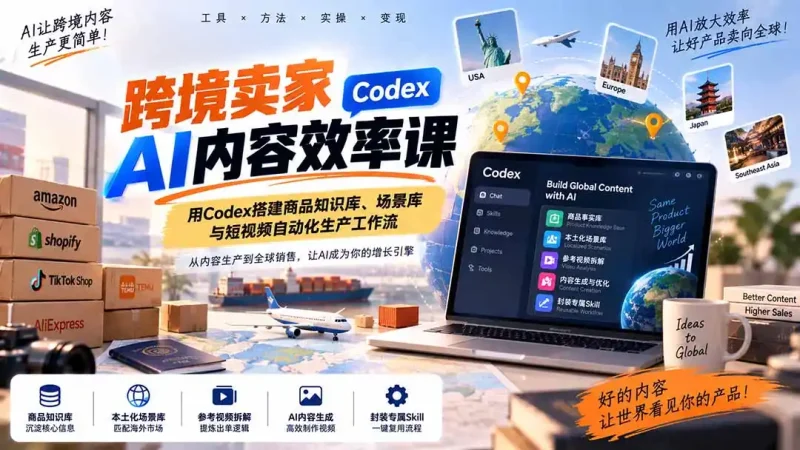 跨境卖家AI内容效率课:用Codex搭建商品知识库、场景库与短视频自动化生产工作流-大伟资源网