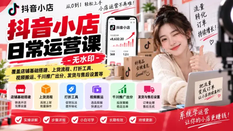 抖音小店日常运营课-无水印，覆盖店铺基础搭建、上货流程、打折工具、视频搬运、千川推广出分、发货与售后设置等-大伟资源网
