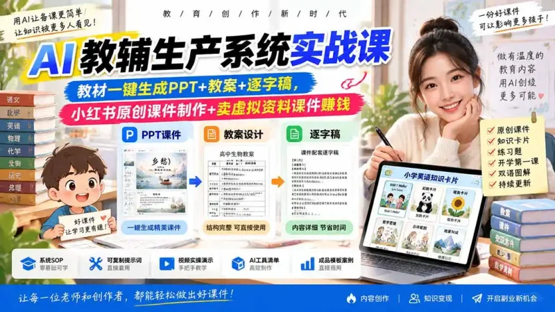AI教辅生产系统实战课-更新0926｜教材一键生成PPT+教案+逐字稿，小红书原创课件制作+卖虚拟资料课件赚钱-大伟资源网