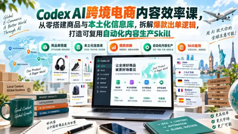Codex AI跨境电商内容效率课，从零搭建商品与本土化信息库，拆解爆款出单逻辑，打造可复用自动化内容生产Skill-大伟资源网