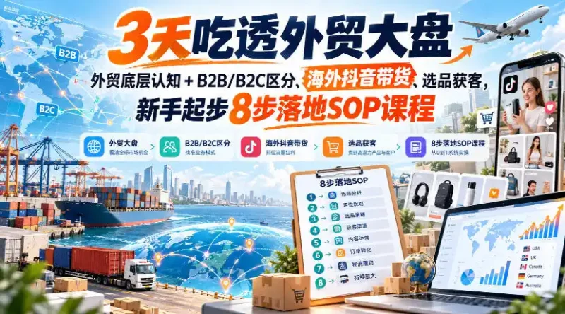 3天吃透外贸大盘，外贸底层认知+B2B/B2C区分、海外抖音带货、选品获客，新手起步8步落地SOP课程-大伟资源网