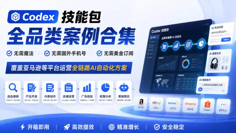 Codex技能包全品类案例合集，无需魔法、无需国外手机号、无需美金订阅，覆盖亚马逊等平台运营全链路AI自动化方案-大伟资源网
