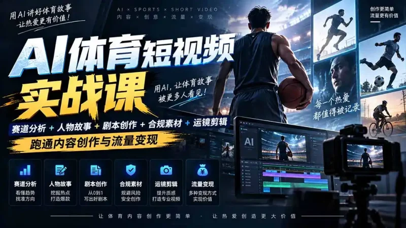 AI体育短视频赛道顶级玩法｜赛道分析+人物故事+剧本创作+版权处理+运镜剪辑，跑通流量变现-日赚1K+-大伟资源网