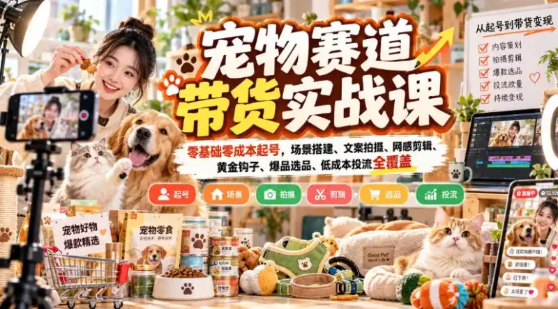 宠物赛道带货实战课，零基础零成本起号，场景搭建、文案拍摄、网感剪辑、黄金钩子、爆品选品、低成本投流全覆盖-大伟资源网