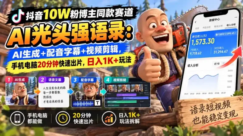 【无水印】抖音10W粉博主同款赛道AI光头强语录：AI生成+配音字幕+视频剪辑，手机电脑20分钟快速出片，日入1K+玩法-大伟资源网