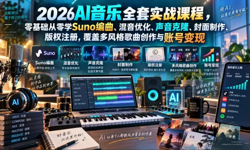 2026AI音乐实战课程，零基础从零学Suno编曲、混音优化、声音克隆、版权注册，覆盖多风格歌曲创作与账号变现-大伟资源网