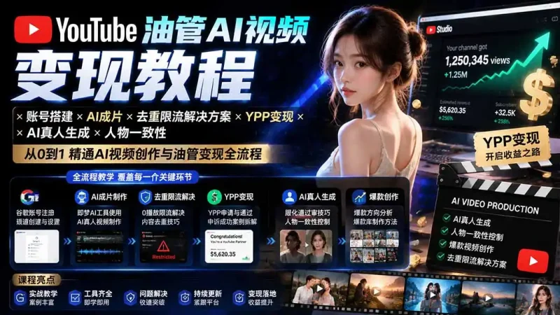 YouTube油管AI视频变现教程-更新0926：账号搭建×AI成片×去重限流解决方案×YPP变现×AI真人生成×人物一致性-大伟资源网