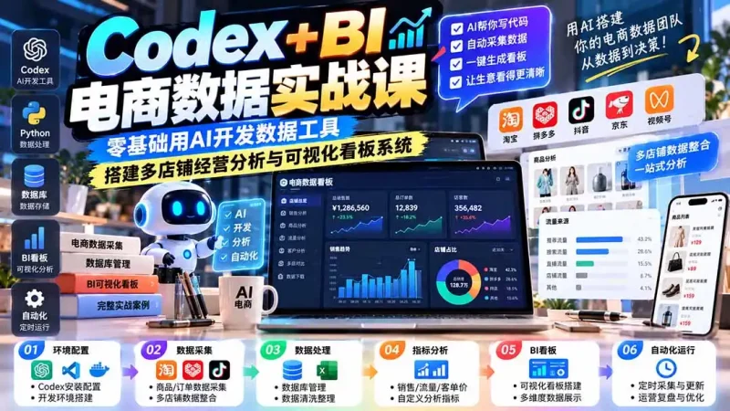 Codex+BI电商数据实战课：零基础用AI开发数据工具，搭建多店铺经营分析与可视化看板系统-大伟资源网