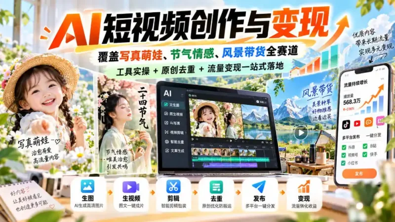 AI短视频创作与变现，覆盖写真萌娃、节气情感、风景带货全赛道，工具实操+原创去重+流量变现一站式落地-大伟资源网