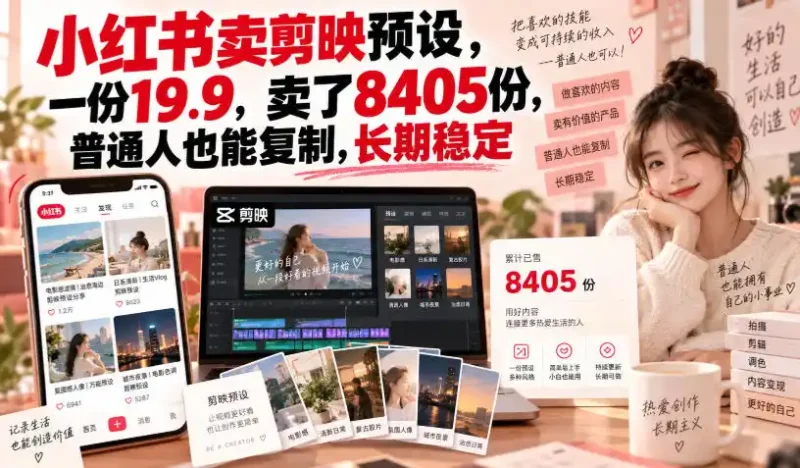 小红书卖剪映预设，一份19.9，卖了8405份，普通人也能复制，长期稳定-大伟资源网