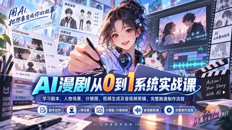 AI漫剧从0到1系统实战课：学习剧本、人物场景、分镜图、视频生成及音视频剪辑，完整跑通制作流程-大伟资源网