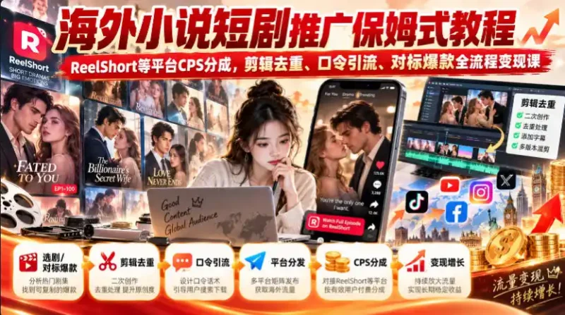 海外小说短剧推广保姆式教程｜ReelShort等平台CPS分成，剪辑去重、口令引流、对标爆款全流程变现课-大伟资源网