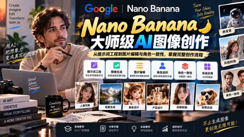 【无水印】Nano Banana大师级AI图像实战课：从提示词工程到图片编辑与角色一致性，掌握完整创作流程-大伟资源网