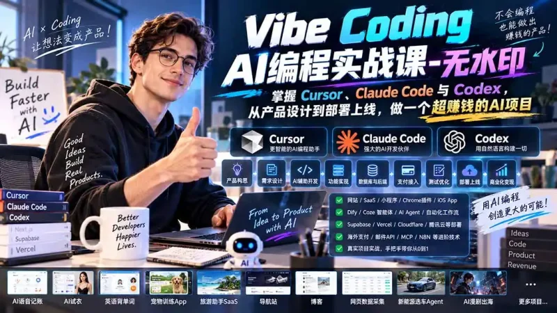 Vibe Coding AI编程实战课-无水印：掌握Cursor、Claude Code与Codex，从产品设计到部署上线，做一个超赚钱的AI项目-大伟资源网