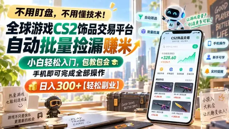 全球游戏CS2饰品交易平台自动批量捡漏赚米，小白轻松入门，包教包会，手机即可完成全部操作，日入300+【轻松副业】-大伟资源网