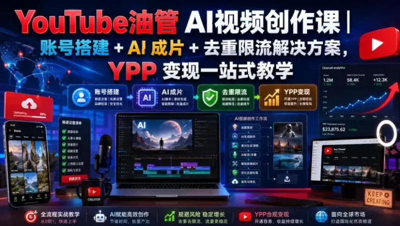 YouTube油管AI视频创作课｜账号搭建+AI成片+去重限流解决方案，YPP变现一站式教学(更新0925)-大伟资源网