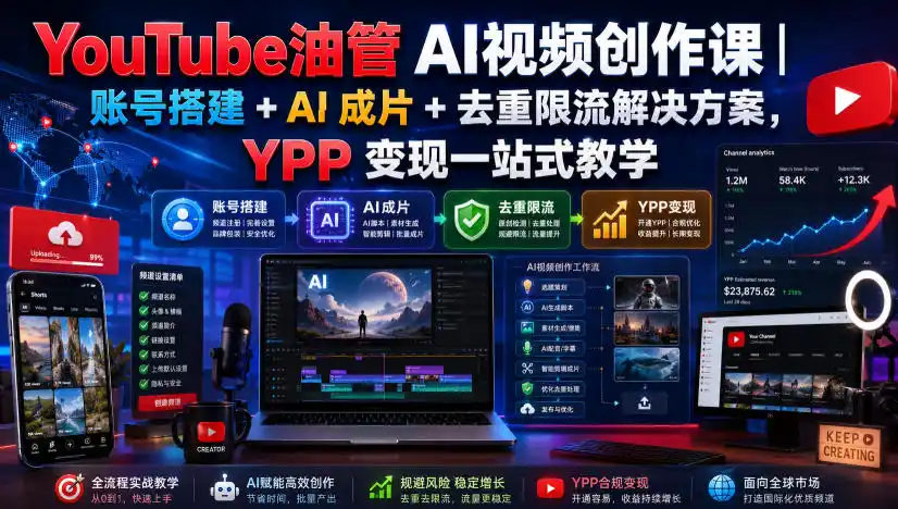 YouTube油管AI视频创作课｜账号搭建+AI成片+去重限流解决方案，YPP变现一站式教学（更新0925）