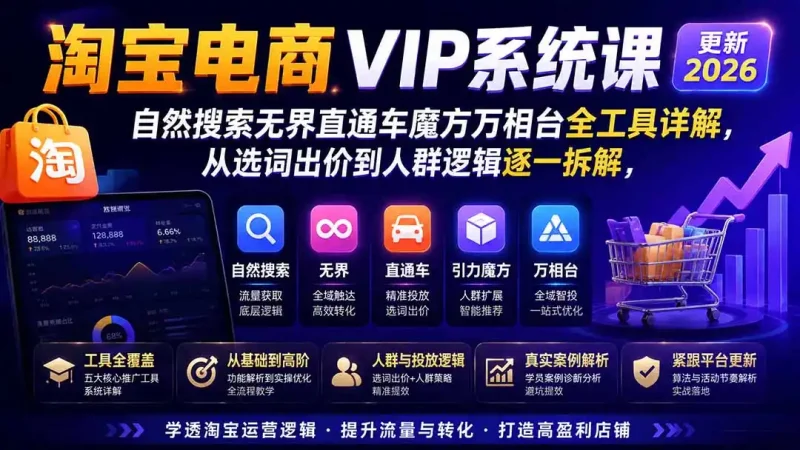 2026淘宝电商终局之战VIP课-更新1022：自然搜索+直通车+无界+精准人群，系统掌握测款动销与全店推广布局方法-大伟资源网