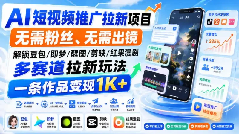 AI短视频推广拉新项目，无需粉丝、无需出镜，解锁豆包/即梦/醒图/剪映/红果漫剧多赛道拉新玩法，一条作品变现1K+(更新0918)-大伟资源网