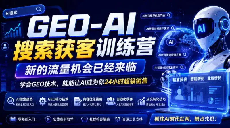 GEO-AI搜索获客训练营,新的流量机会已经来临,学会GEO技术,就能让AI成为你24小时超级销售(更新0919)-大伟资源网