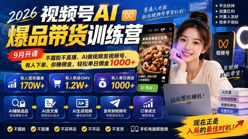 2026视频号AI爆品带货训练营-9月开课｜不露脸不直播，AI做视频发视频号，有人下单，你赚佣金，轻松单日佣金1000+-大伟资源网
