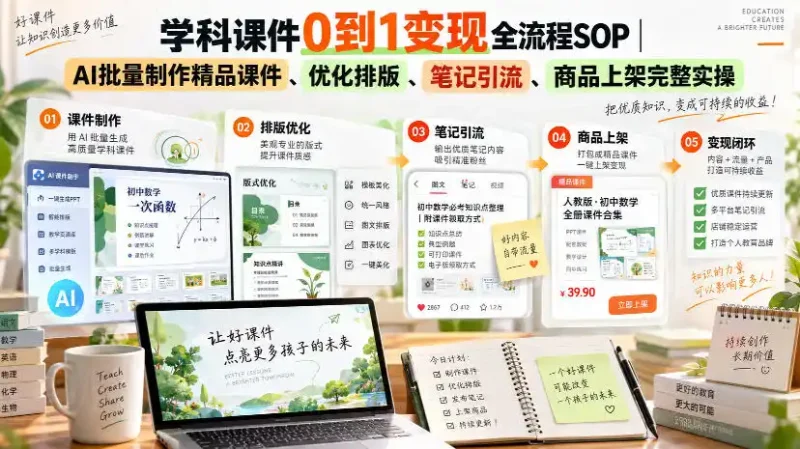学科课件0到1变现全流程SOP|AI批量制作精品课件、优化排版、笔记引流、商品上架完整实操-大伟资源网