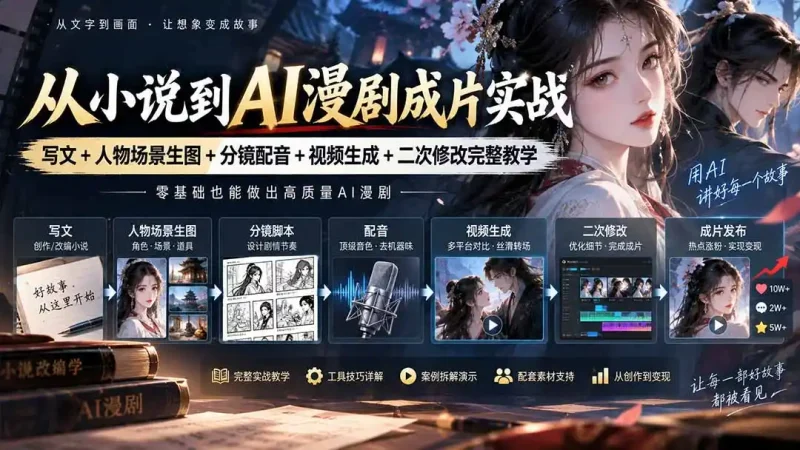 从小说到AI漫剧成片实战：写文+人物场景生图+分镜配音+视频生成+二次修改完整教学-大伟资源网