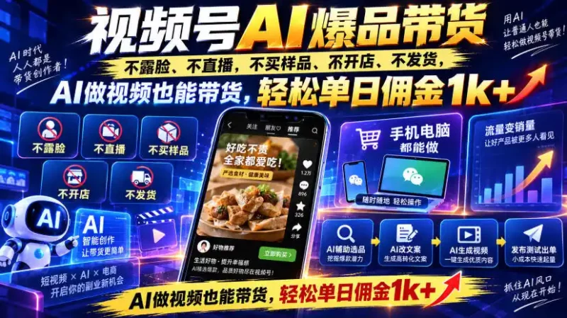 视频号Ai爆品带货，不露脸、不直播、不买样品、不开店、不发货，AI做视频也能带货，轻松单日佣金1k+-大伟资源网