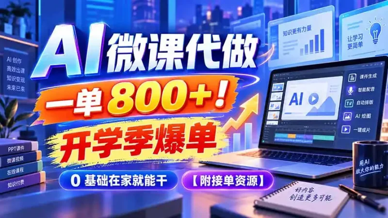 AI 微课代做，一单 800+！开学季爆单，0 基础在家就能干【附接单资源】-大伟资源网
