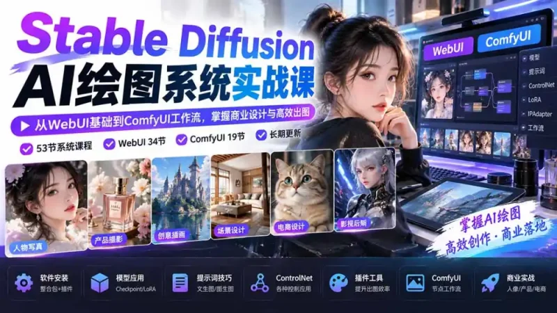 【无水印】Stable Diffusion AI绘图系统实战课：从WebUI基础到ComfyUI工作流，掌握商业设计与高效出图-大伟资源网
