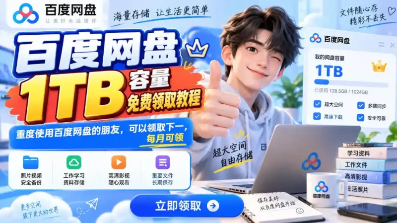 百度网盘1TB容量免费领取教程，重度使用百度网盘的朋友，可以领取下一，每月可领-大伟资源网