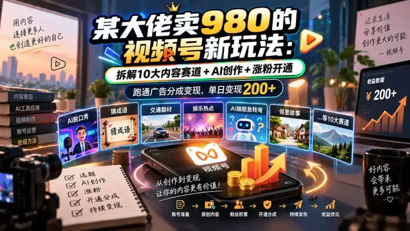 某大佬卖980的视频号新玩法：拆解10大内容赛道+AI创作+涨粉开通，跑通广告分成变现，单日变现200+-大伟资源网