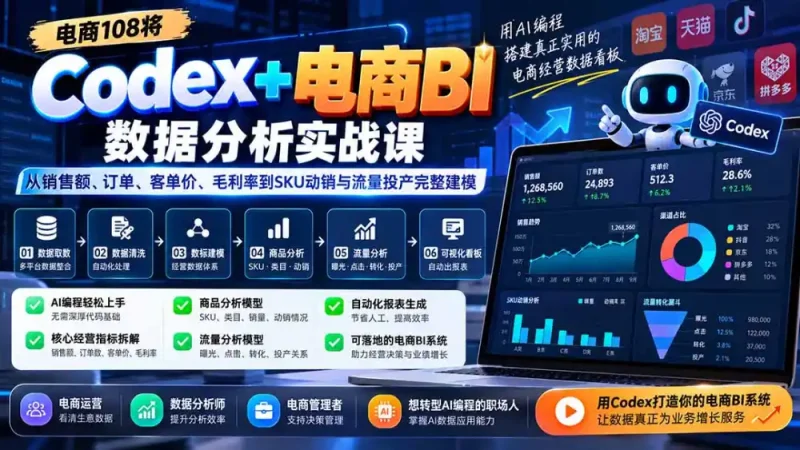 Codex+电商BI数据分析实战课-更新1026：从销售额、订单、客单价、毛利率到SKU动销与流量投产完整建模-大伟资源网