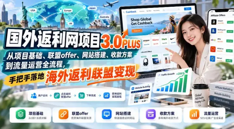 国外返利网项目3.0PLUS，从项目基础、联盟offer、网站搭建、收款方案到流量运营全流程，手把手落地海外返利联盟变现-大伟资源网