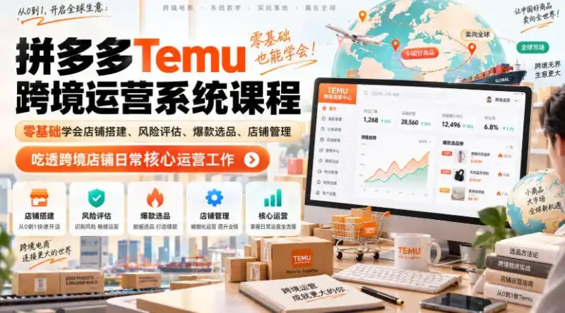 Temu跨境拼多多运营系统课程，零基础学会店铺搭建、风险评估、爆款选品、店铺管理，吃透跨境店铺日常核心运营工作-大伟资源网
