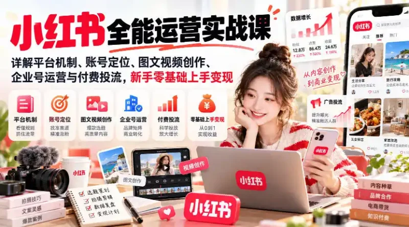 小红书全能运营实战课，详解平台机制、账号定位、图文视频创作、企业号运营与付费投流，新手零基础上手变现-大伟资源网