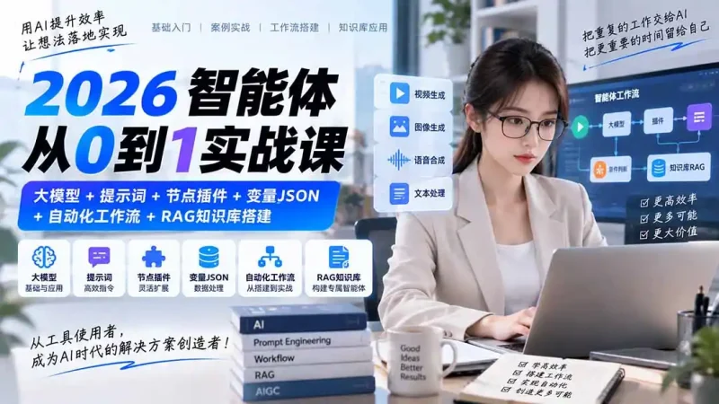 2026智能体从0到1实战课｜大模型+提示词+节点插件+变量JSON+自动化工作流+RAG知识库搭建-大伟资源网