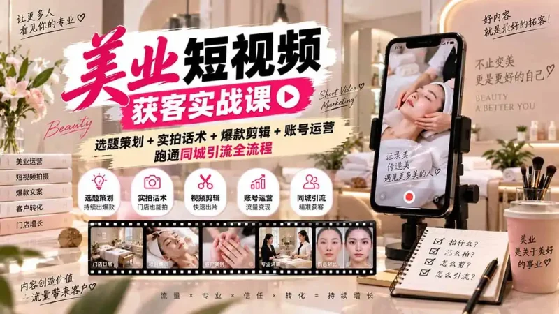 美业短视频获客实战课-无水印：选题策划+实拍话术+爆款剪辑+账号运营，跑通同城引流全流程-大伟资源网