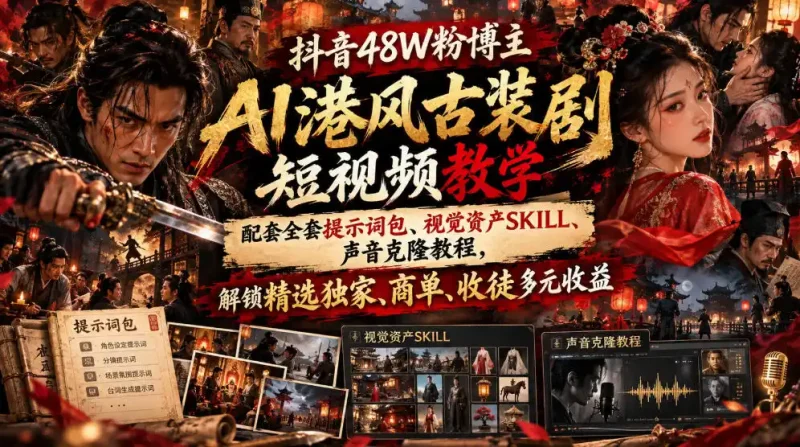 抖音48W粉博主AI港风古装剧短视频教学，配套全套提示词包、视觉资产SKILL、声音克隆教程，解锁精选独家、商单、收徒多元收益-大伟资源网